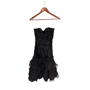 Vintage Nadine Black Sequin Strapless Ruffled Cocktail Dress With Bow Detail